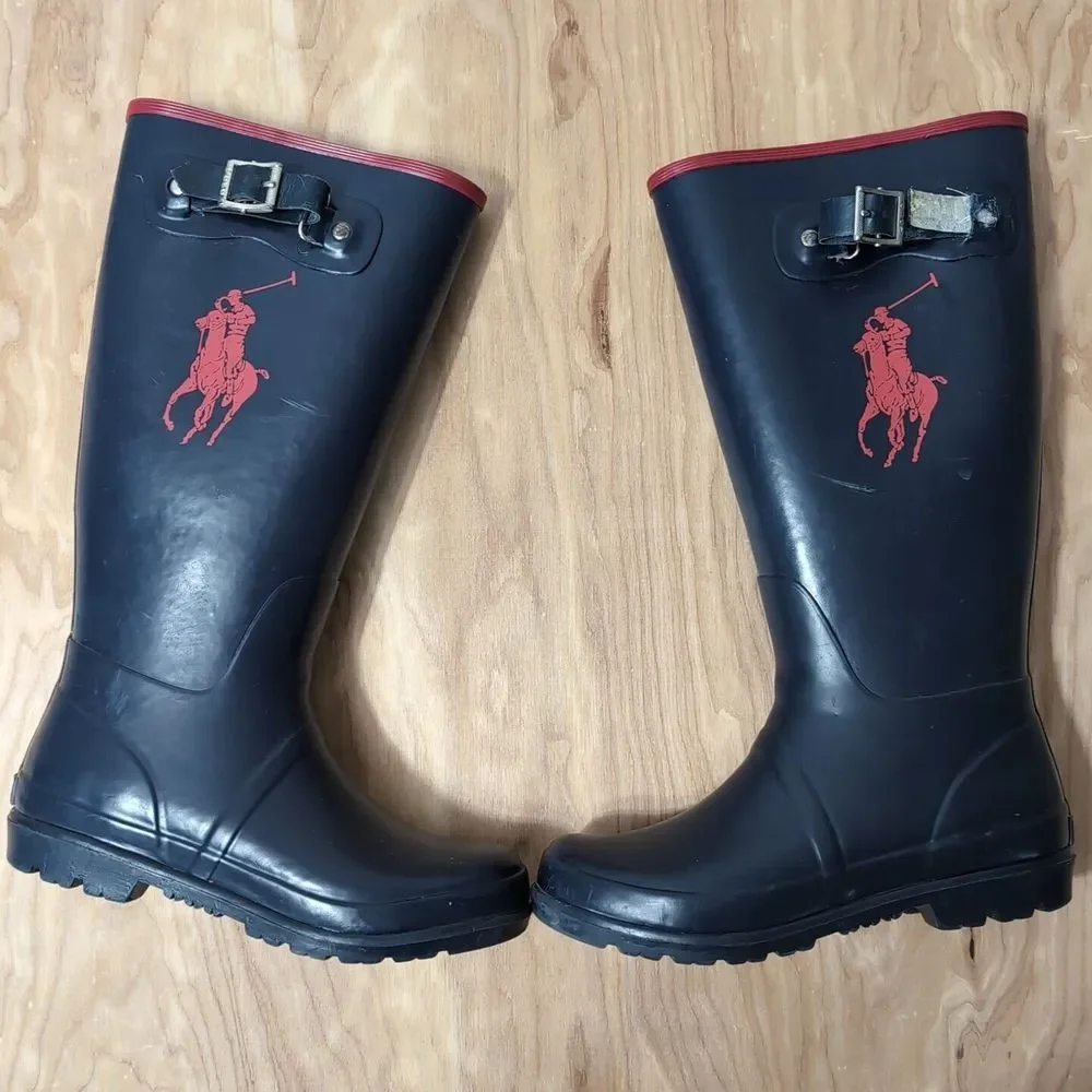 Polo Ralph Lauren Rubber‎ Rain Boot Navy Blue Red Pony Boys 4.5